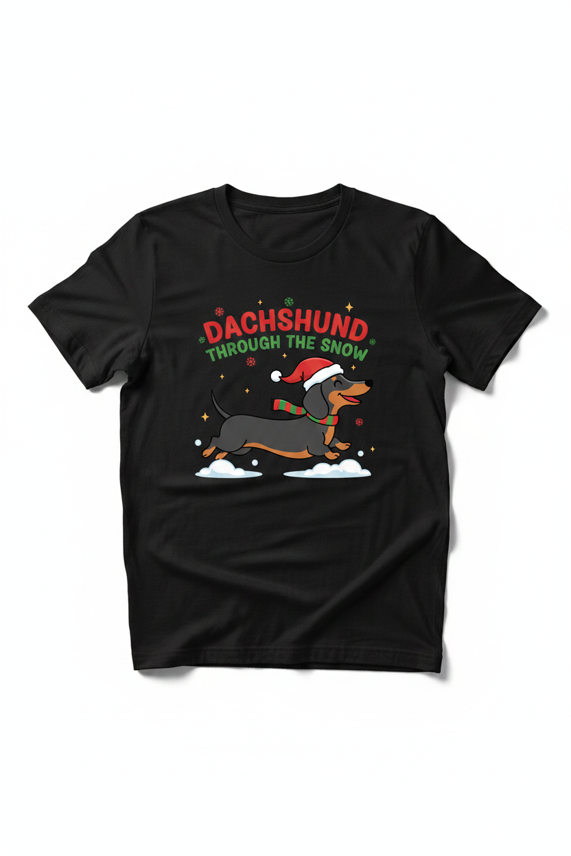 Dachshund Through the Snow on Black T-Shirt