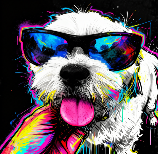 Colorful dog portrait wearing neon graffiti sunglasses on a black background.