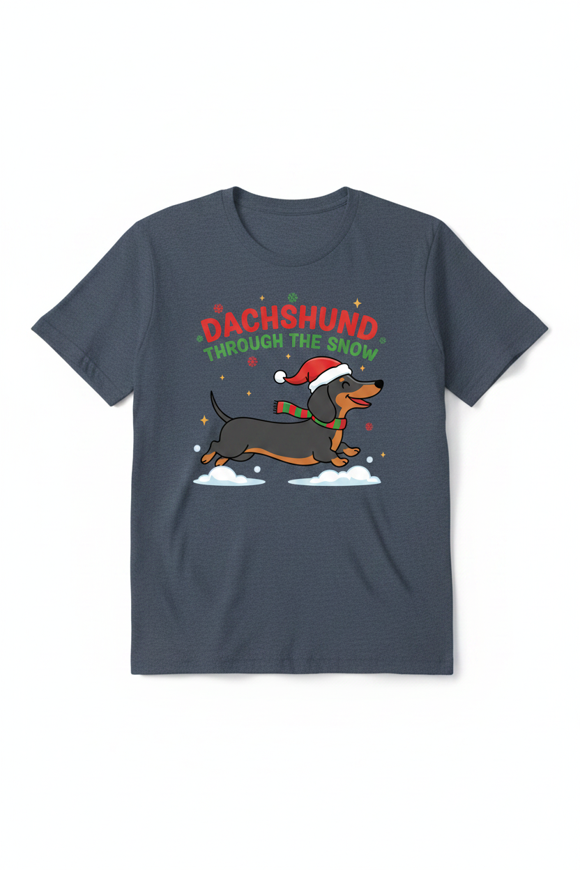 Dachshund Through the Snow on Heather Navy T-Shirt