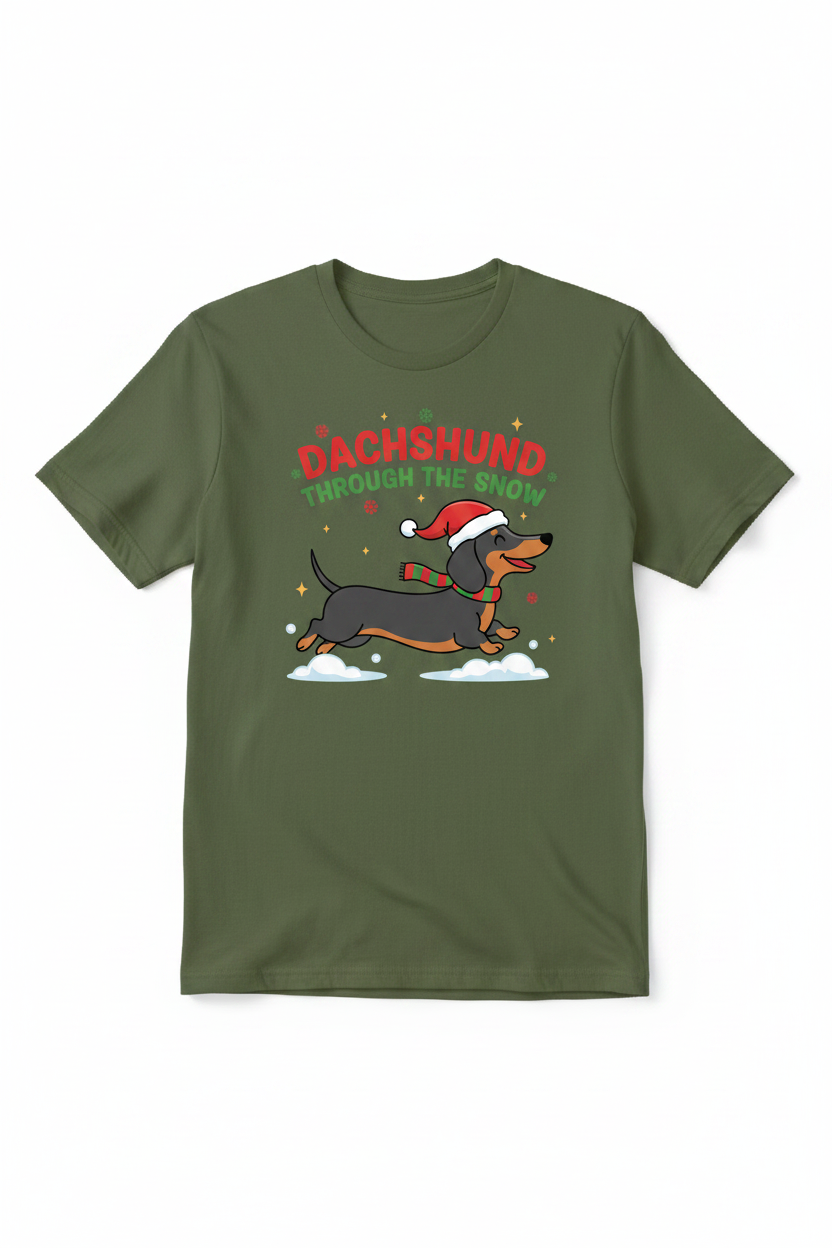 Dachshund Through the Snow on Military Green T-Shirt