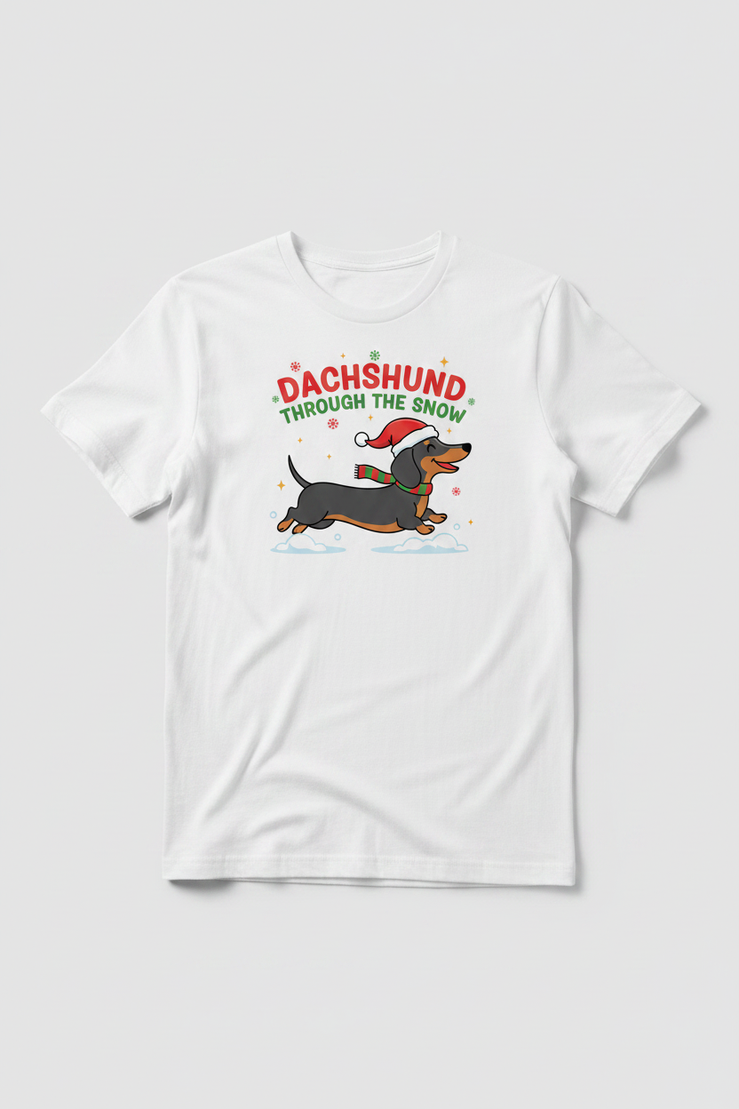 Dachshund Through the Snow on White T-Shirt