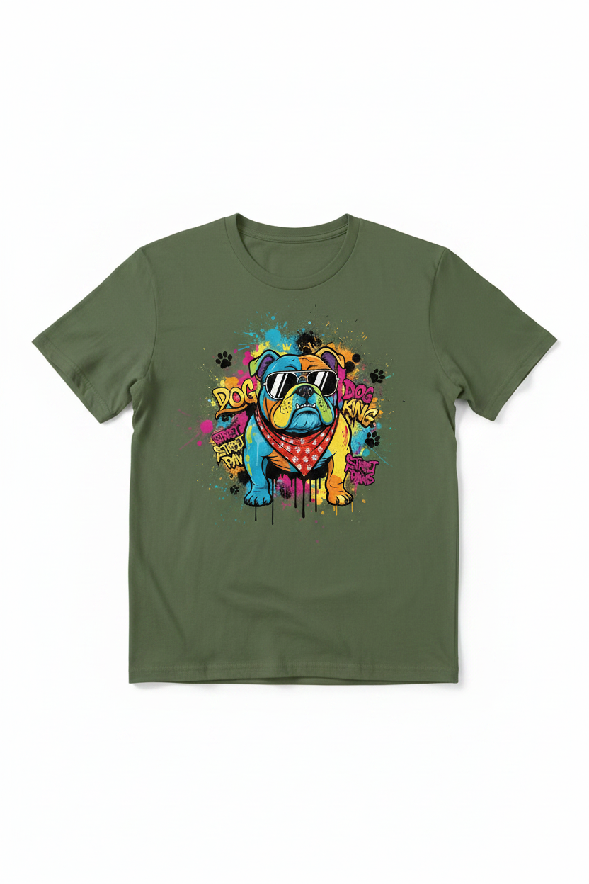 Cool Bulldog on Military Green T-Shirt